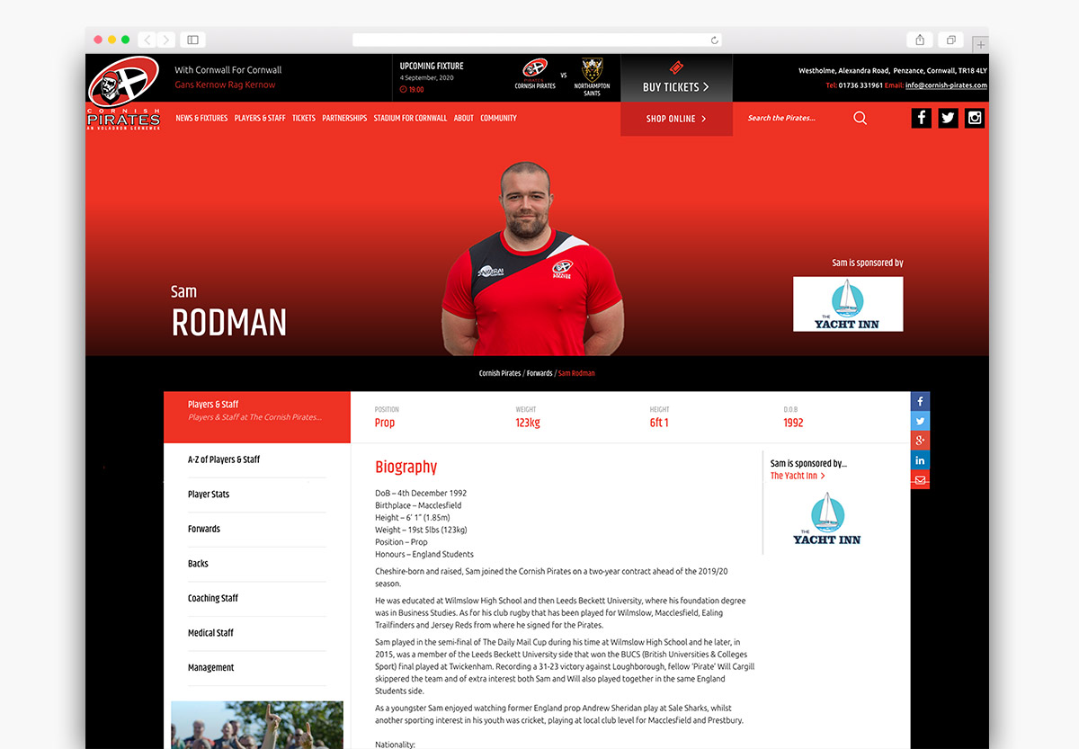 Cornish Pirates Wordpress Website Design Profile Page